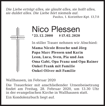 Traueranzeige von Nico Plessen von Hohenloher Tagblatt