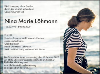 Traueranzeige von Nina Marie Löhmann von SÜDWEST PRESSE Ausgabe Ulm/Neu-Ulm