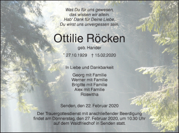 Traueranzeige von Ottilie Röcken von SÜDWEST PRESSE Ausgabe Ulm/Neu-Ulm