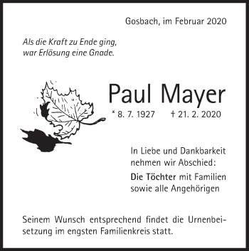 Traueranzeige von Paul Mayer von Geislinger Zeitung