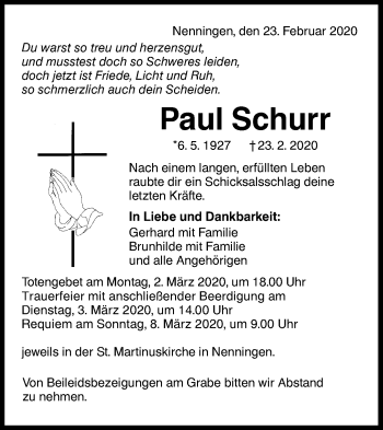 Traueranzeige von Paul Schurr von NWZ Neue Württembergische Zeitung