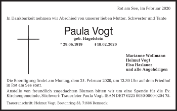 Traueranzeige von Paula Vogt von Hohenloher Tagblatt