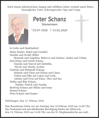 Traueranzeige von Peter Schanz von Hohenzollerische Zeitung