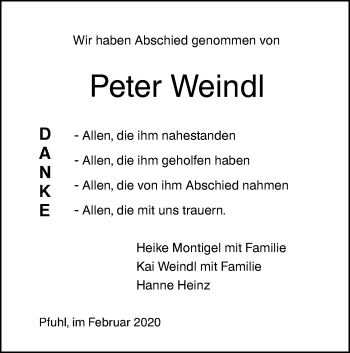 Traueranzeige von Peter Weindl von SÜDWEST PRESSE Ausgabe Ulm/Neu-Ulm