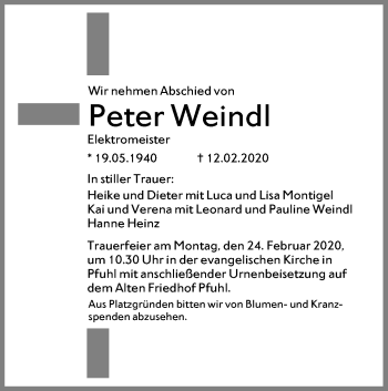 Traueranzeige von Peter Weindl von SÜDWEST PRESSE Ausgabe Ulm/Neu-Ulm