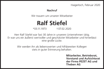 Traueranzeige von Ralf Stiefel von Hohenzollerische Zeitung