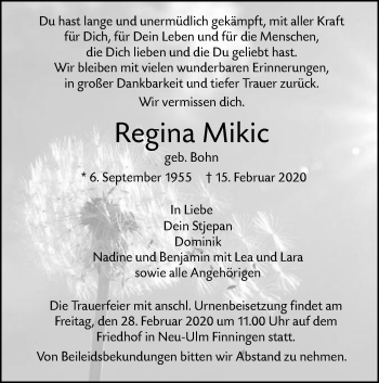 Traueranzeige von Regina Mikic von SÜDWEST PRESSE Ausgabe Ulm/Neu-Ulm