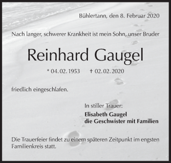 Traueranzeige von Reinhard Gaugel von Haller Tagblatt