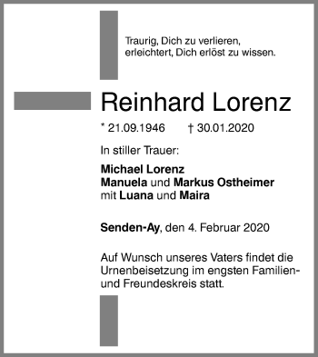 Traueranzeige von Reinhard Lorenz von SÜDWEST PRESSE Ausgabe Ulm/Neu-Ulm