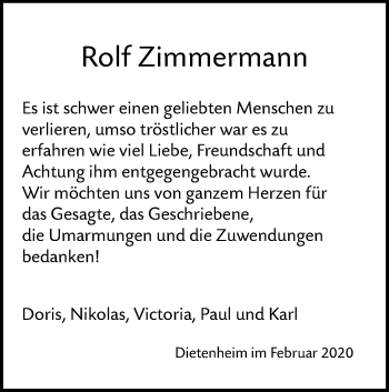 Traueranzeige von Rolf Zimmermann von Illertal Bote