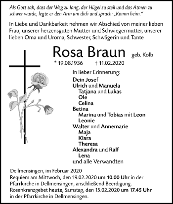 Traueranzeige von Rosa Braun von SÜDWEST PRESSE Ausgabe Ulm/Neu-Ulm