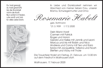 Traueranzeige von Rosemarie Habelt von Hohenloher Tagblatt