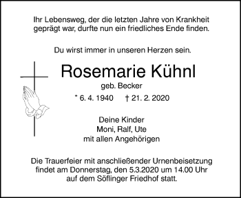 Traueranzeige von Rosemarie Kühnl von SÜDWEST PRESSE Ausgabe Ulm/Neu-Ulm