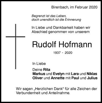 Traueranzeige von Rudolf Hofmann von NWZ Neue Württembergische Zeitung