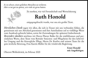 Traueranzeige von Ruth Honold von Rundschau Gaildorf