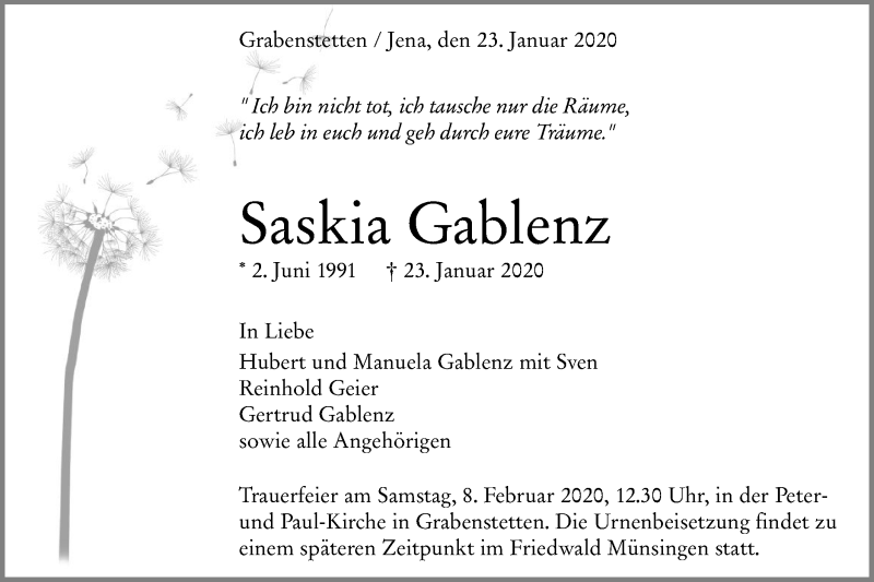  Traueranzeige für Saskia Gablenz vom 05.02.2020 aus Alb-Bote/Metzinger-Uracher Volksblatt