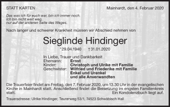 Traueranzeige von Sieglinde Hindinger von Haller Tagblatt