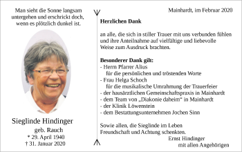 Traueranzeige von Sieglinde Hindinger von Haller Tagblatt