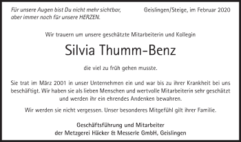 Traueranzeige von Silvia Thumm-Benz von Geislinger Zeitung