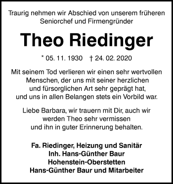 Traueranzeige von Theo Riedinger von Alb-Bote/Metzinger-Uracher Volksblatt