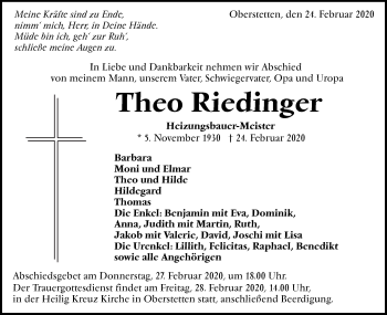 Traueranzeige von Theo Riedinger von Alb-Bote/Metzinger-Uracher Volksblatt