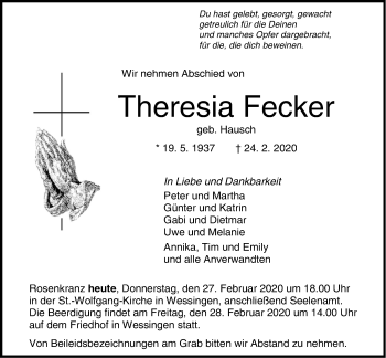 Traueranzeige von Theresia Fecker von Hohenzollerische Zeitung