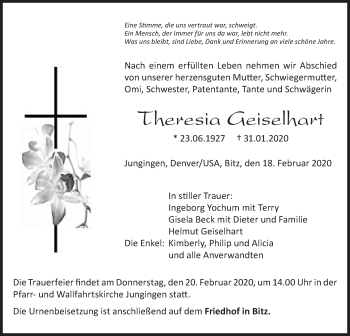 Traueranzeige von Theresia Geiselhart von Hohenzollerische Zeitung