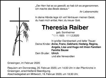 Traueranzeige von Theresia Raiber von Ehinger Tagblatt