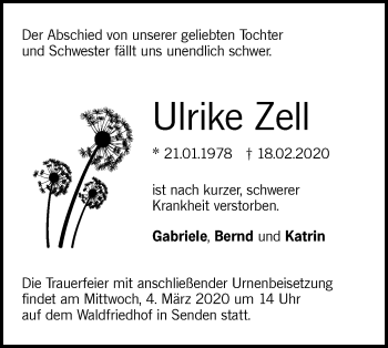 Traueranzeige von Ulrike Zell von SÜDWEST PRESSE Ausgabe Ulm/Neu-Ulm