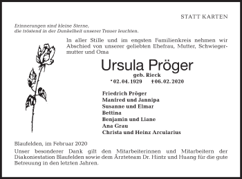 Traueranzeige von Ursula Pröger von Hohenloher Tagblatt