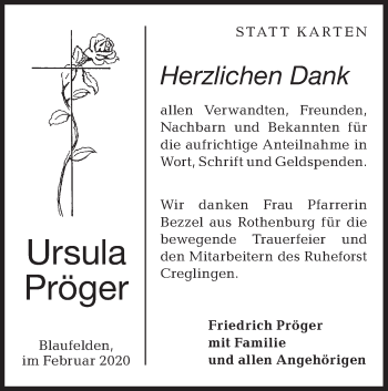 Traueranzeige von Ursula Pröger von Hohenloher Tagblatt