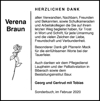 Traueranzeige von Verena Braun von SÜDWEST PRESSE Ausgabe Ulm/Neu-Ulm