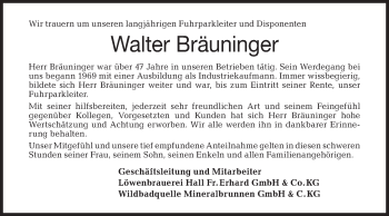 Traueranzeige von Walter Bräuninger von Haller Tagblatt