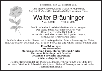 Traueranzeige von Walter Bräuninger von Haller Tagblatt