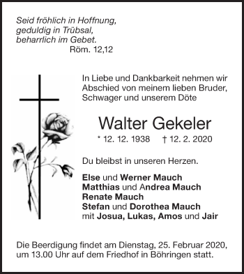 Traueranzeige von Walter Gekeler von Metzinger-Uracher Volksblatt