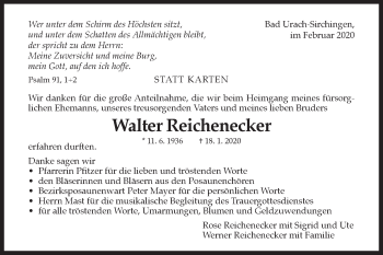 Traueranzeige von Walter Reichenecker von Metzinger-Uracher Volksblatt