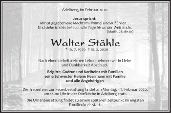 Traueranzeige von Walter Stähle von NWZ Neue Württembergische Zeitung