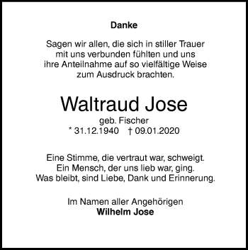 Traueranzeige von Waltraud Jose von SÜDWEST PRESSE Ausgabe Ulm/Neu-Ulm