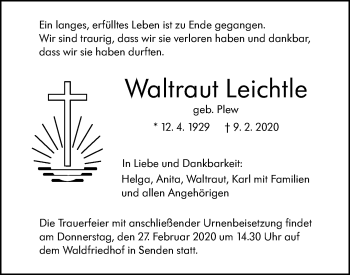 Traueranzeige von Waltraud Leichtle von Ehinger Tagblatt