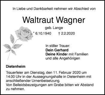 Traueranzeige von Waltraut Wagner von Illertal Bote