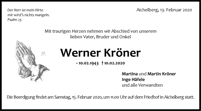  Traueranzeige für Werner Kröner vom 13.02.2020 aus NWZ Neue Württembergische Zeitung