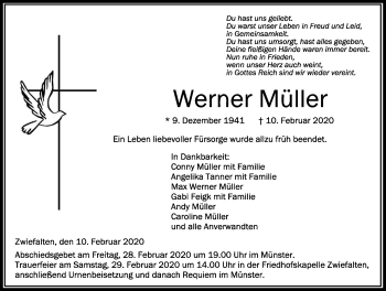 Traueranzeige von Werner Müller von Alb-Bote/Metzinger-Uracher Volksblatt