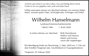 Traueranzeige von Wilhelm Hanselmann von Haller Tagblatt