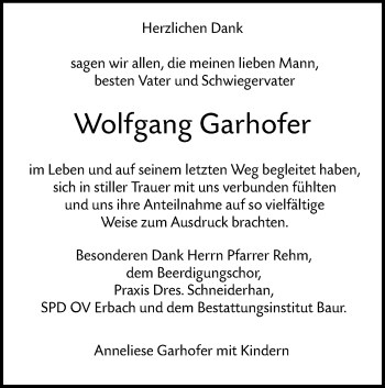 Traueranzeige von Wolfgang Garhofer von SÜDWEST PRESSE Ausgabe Ulm/Neu-Ulm