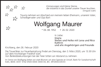 Traueranzeige von Wolfgang Maurer von Hohenloher Tagblatt