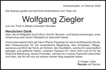 Traueranzeige von Wolfgang Ziegler von NWZ Neue Württembergische Zeitung