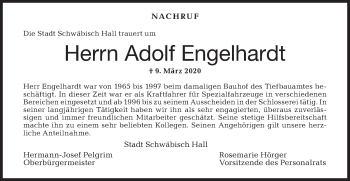 Traueranzeige von Adolf Engelhardt von Haller Tagblatt