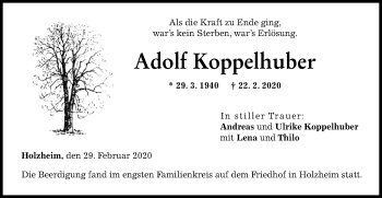 Traueranzeige von Adolf Koppelhuber von SÜDWEST PRESSE Ausgabe Ulm/Neu-Ulm