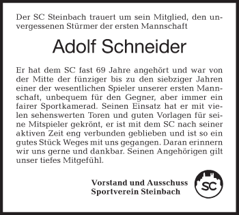 Traueranzeige von Adolf Schneider von Haller Tagblatt