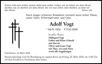 Traueranzeige von Adolf Vogt von Hohenloher Tagblatt